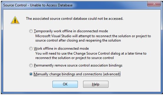 The associated source control database could not be accessed.