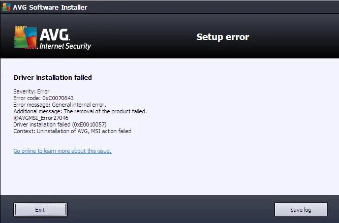 AVG Software Installer AVG Internet Security Setup error Driver installation failed