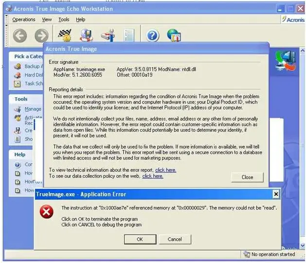 TrueImage.exe - Application error the instruction at xxx referenced memory could not be read' appName: trueimage.exe modname ntdll.dll