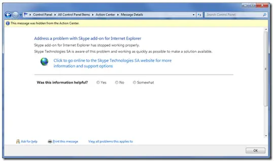 Skype add-on for Internet Explorer has stopped working property.