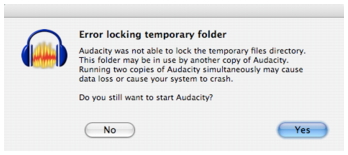 Audacity was not able to lock the temporary files directory.