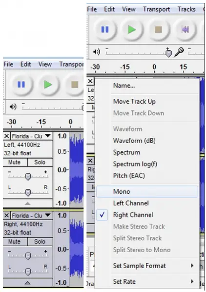 drop-down arrows of the left and the right channels and choose Mono