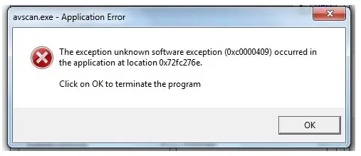 exception unknown software exception (0xc0000409) occured in the application at location 0x72fc276e