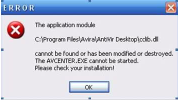 The application module Program FilesAviraAntiVir Desktopcclib.dll cannot be found or has been modified or destroyed