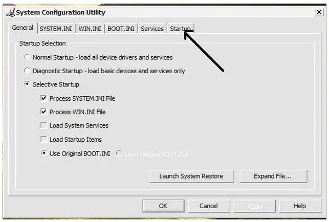 system configuration utility-select start up