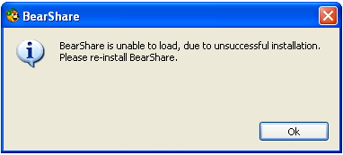 BearShare is unable to load, due to unsuccessful installation.