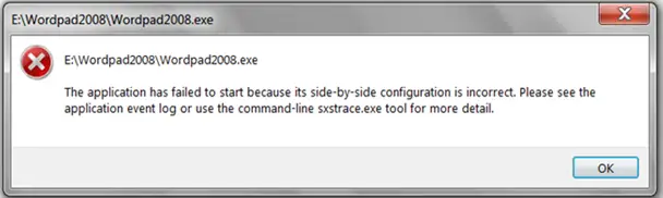 application has failed to start because its side-by-side configuration is incorrect. Please see the application event log or use the command-line sxstrace.exe tool for more detail.