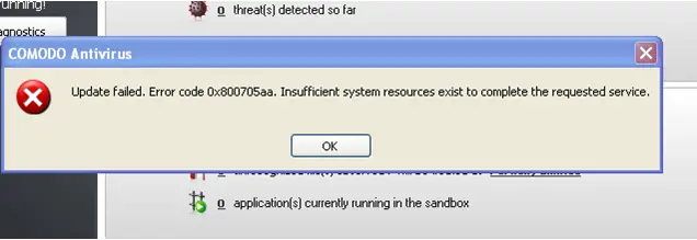 COMODO Antivirus Update failed. Error code 0x800705aa. Insufficient system resources exist to complete the requested service.