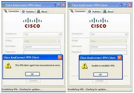 VPN client agent has encountered an error Unable to establish VPN.