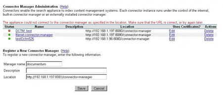 Error: The appliance could not connect to the connector manager as specified in the location