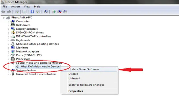 update driver for high defination audio device