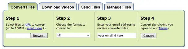 Browse files from system, then select tiff in step 2 enter your mail id in step 3, and click to convert