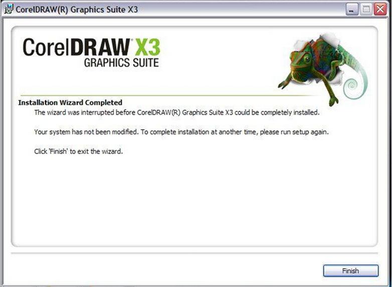 The wizard was interrupted before CorelDraw(R) Graphics Suite x 3 could be completely installed.