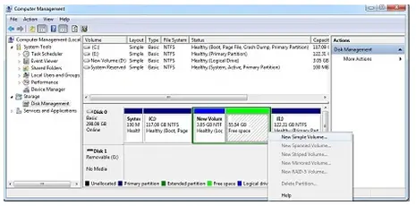 right-click an unallocated or free area, and then click New Simple Volume. This starts the New Simple Volume Wizard.