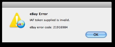 EBay Error IAF token supplied is invalid. eBay error code 21916984