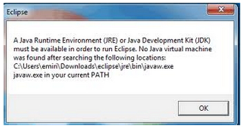 A Java Runtime Environment (JRE) or Java Development Kit (JDK) must be available in order to run Eclipse