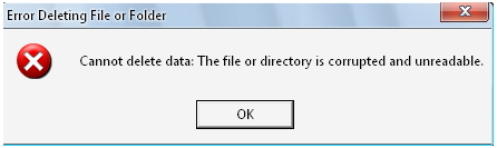 Error Deleting File or Folder Cannot delete data: The file or directory is corrupted and unreadable.