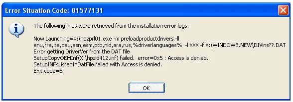 SetupCopyOEMInf(X:hpzid412.inf) failed. error=0x5 : Access is denied.