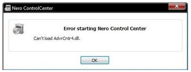 Nero Control Center Error Starting Nero Control Center Can't load Advrcntr4.dll