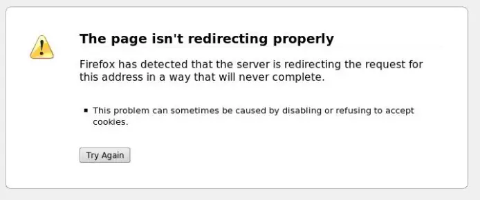 Firefox has detected that the server is redirecting the request for this address in a way that will never complete