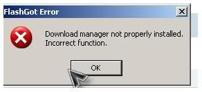 FlasGot Error Download manager not properly installed. Incorrect function.