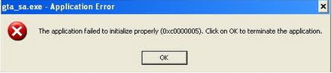 Gta_sa.exe – Application Error The application failed to initialize properly (0xc0000005). Click OK to terminate the application.