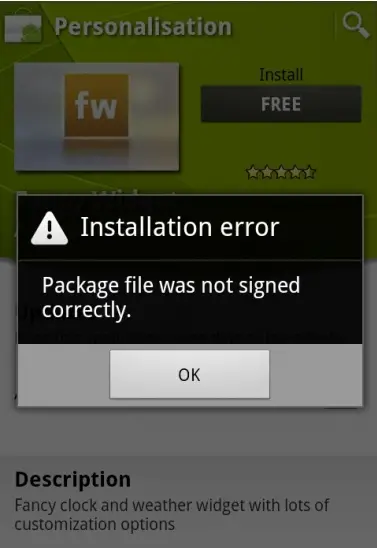 Package file was not signed correctly