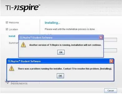 TI-Nspire™ Student Software Another version of TI-Nspire is running.Installation will not continue.  TI-Nspire™ Student Software