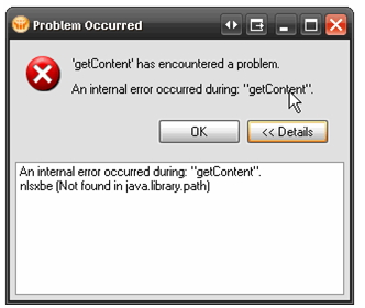 An internal error occurred during: "getContent". Nlsxbe [Not found in java.library.path]