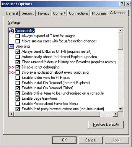 Disable script debugging” and remove tick on “Display a notification about every script error”