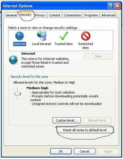 security Tab then click Reset all zones to default level
