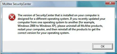 version of SecurityCenter that is installed on your computer is designed for a different operating system.