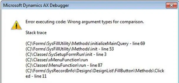 Microsoft Dynamics AX Debugger Error executing code Wrong argument types for comparison