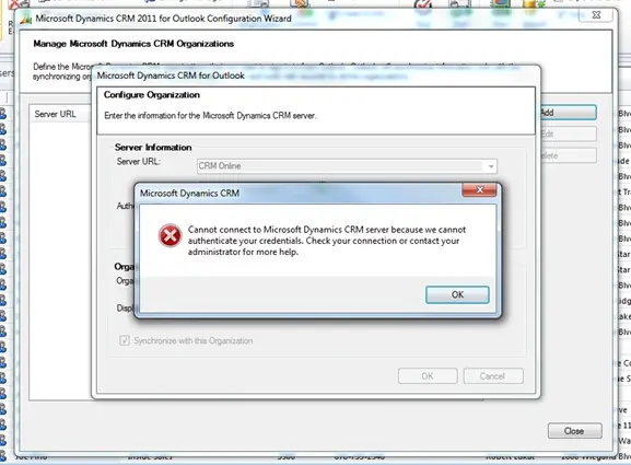Cannot connect to microsoft Dynamics CRM server because we cannot authenticate your credentials