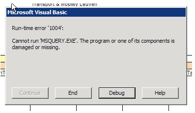 Run-time error '1004': Cannot run 'MSQUERY.EXE'. The program or one of its components is damaged or missing