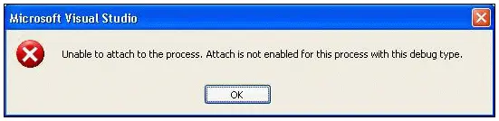 Unable to attach to the process. Attach is not enabled for this process with this debug type