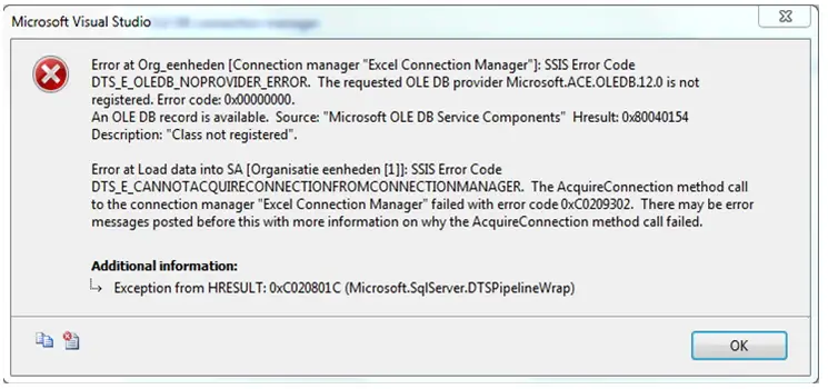 An ole db record is available. Source: “Microsoft OLE DB Service Components” Hresult: 0x80040154