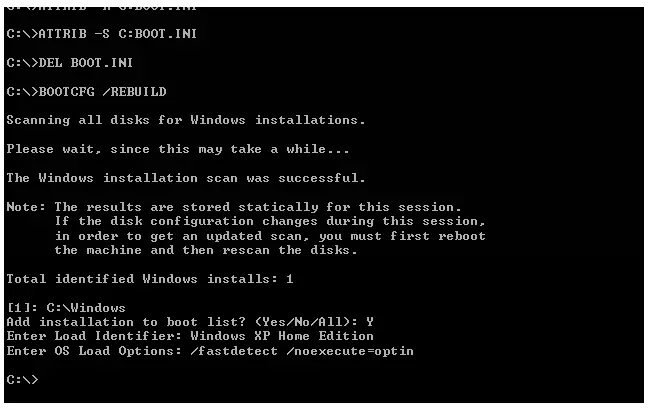 CHKDSK/R/F FIXBOOT This is the last command (FIXBOOT) It will ask --> Sure you want to write a new bootsector to the partition C:Type Y hit enter. Type EXIT Hit enter to restart your computer