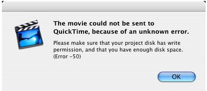 movie could not be sent to QuickTime, because of an unknown error