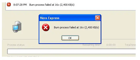 Burn process failed at 16X (2,400 KB/S)