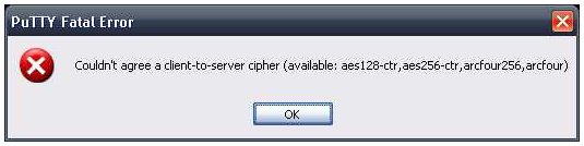 Couldn’t agree a client-to-server cipher (available: aes128-ctr,aes256-ctr,arcfour256,arcfour)