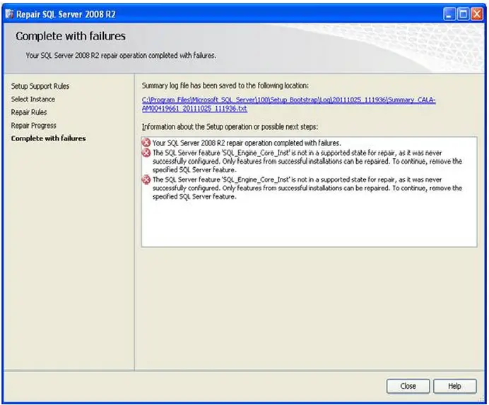 SQL Server feature 'SQL_Engine_Core_Inst' is not a supported state for repair