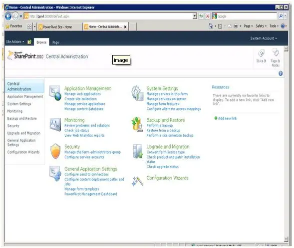 Microsoft SharePoint 2010's Central Administration page