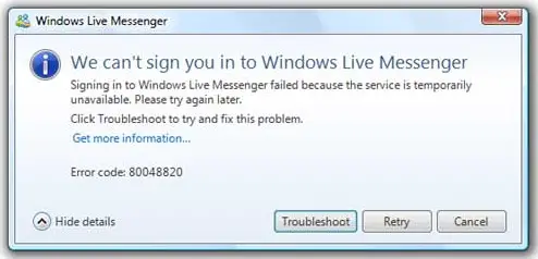 Signing in to Windows Live Messenger failed because the service is temporarily unavailable.