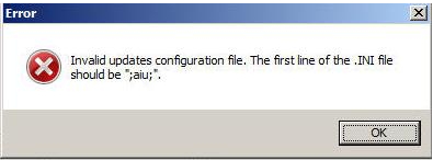 nvalid updates configuration file. The first line of the .INI file should be “;aiu;”