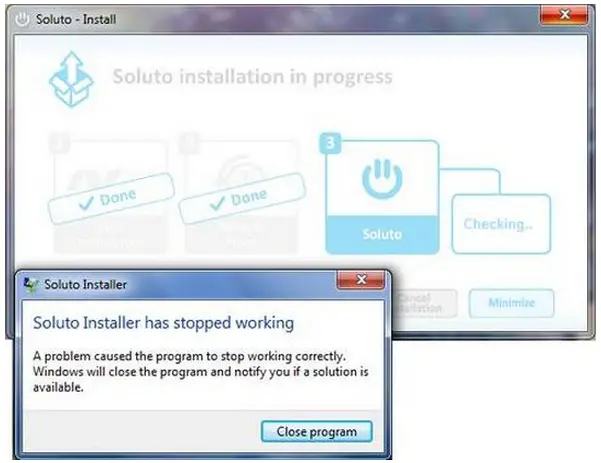 Soluto Installer Soluto Installer has stopped working A problem caused the program to stop working currently