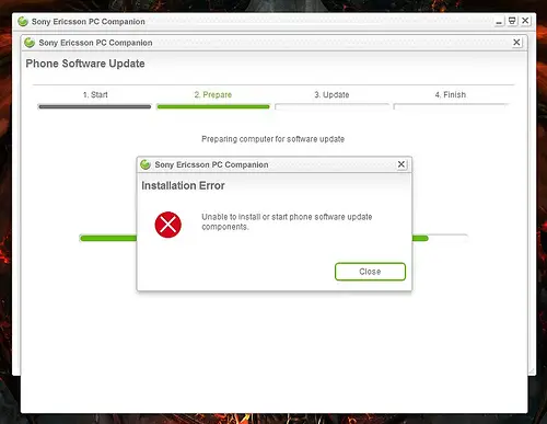 Unable to install or start phone software update components.