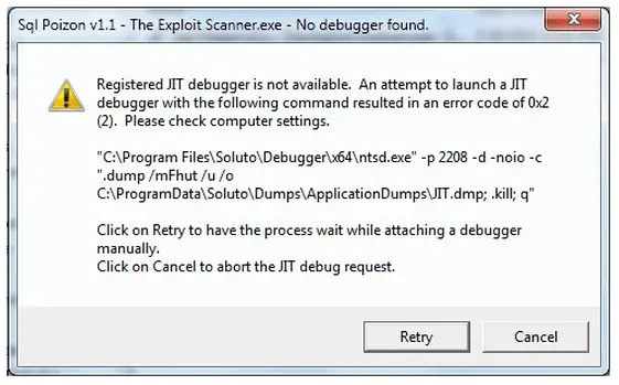 Registered JIT debugger is not available. An attempt to launch a JIT debugger with the following command resulted in an error of 0x2 (2).