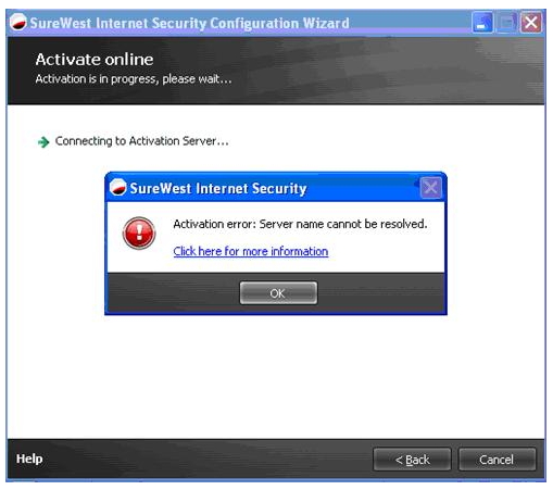 SureWest Internet Security Activation error: Server name cannot be resolved.
