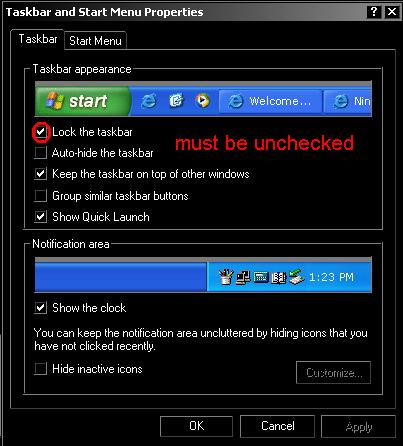 The Lock the taskbar box must be unchecked